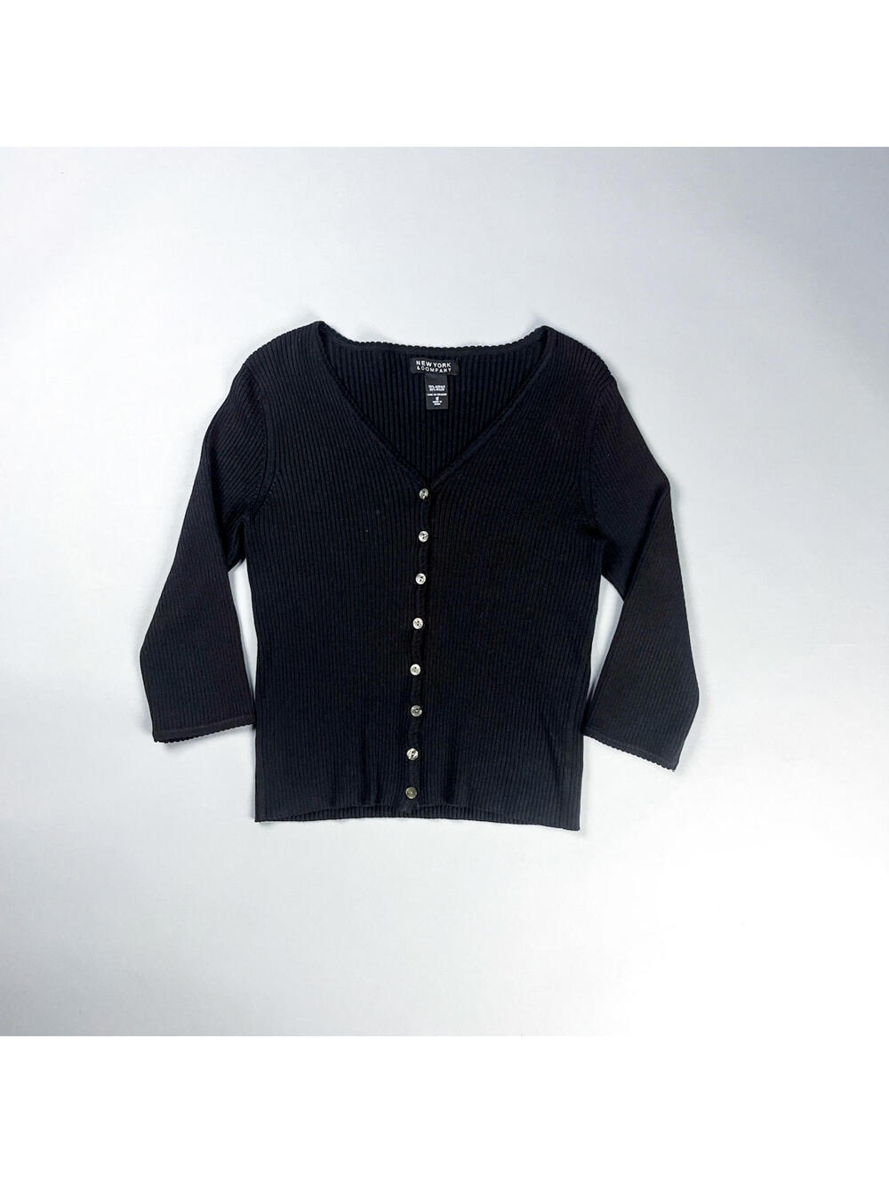 Y2K Black Ribbed Long Sleeve Women's Fitted Top, Button Up Detail